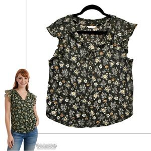 LUCKY BRAND Women's Flutter Sleeve V Neck Printed Tank Top Olive-Multi